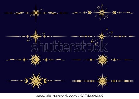 Magic border with stars and moon. Celestial mystic ornament. Astrology tarot golden elements with sun symbol. Vector fantasy divider with spiritual decoration