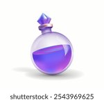 Magic bottle 3d bottle with glowing purple potion. Mystical bottle filled with liquid, for fantasy designs, games and magic illustrations. Cartoon 3d bottle with potion. Vector icon.