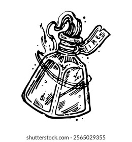 magic bottle, black and white vector elixir potions, cute bottle, spooky, witch elixir, fantasy drink, wizard, illustration, line art