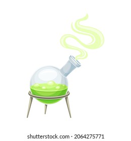 Magic bottle with boiling potion. Flask with green magical elixir cartoon vector illustration