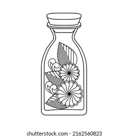Magic bottle with a cork with flowers. Doodles of hand-drawn illustrations for design, coloring, bags. Vector Black and white poster