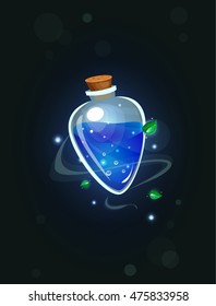 Magic bottle dark blue shine. Game icon of magic elixir. Vector design for app user interface. 