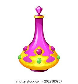 Magic bottle decorated with gold and precious stones. Potion bottle.Magic elixir.Perfume bottle.Game element.