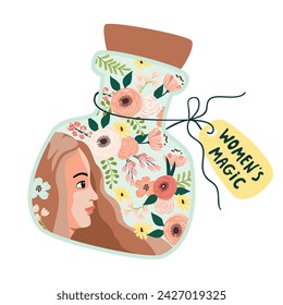 Botella mágica decorada con la cara y la flor de las mujeres. Póster con composición floral, hermosa niña y letras de mano. Tarjeta de dibujos animados para el Día de la Mujer. Imprimir en tela y papel. Ilustración vectorial en blanco