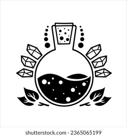 Botella mágica. Alquimia estotérica y veneno del elixir de vidrio. Beber de química misteriosa. Caricatura de fantasía mezcla mística mágica, elemento decorativo de época
