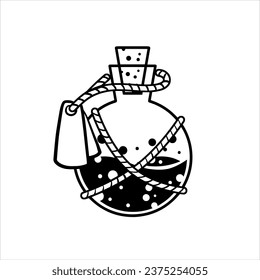 Magic bottle. Esoteric alchemy and glass elixir poison. Mystery chemistry drink. Fantasy cartoon magical mystic mixture, Vintage decorative element