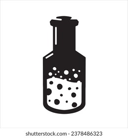 Botella mágica. Alquimia estotérica y veneno del elixir de vidrio. Beber de química misteriosa. Caricatura de fantasía mezcla mística mágica, elemento decorativo de época