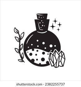 Magic bottle. Esoteric alchemy and glass elixir poison. Mystery chemistry drink. Fantasy cartoon magical mystic mixture, Vintage decorative element