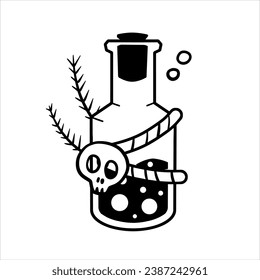 Botella mágica. Alquimia estotérica y veneno del elixir de vidrio. Beber de química misteriosa. Caricatura de fantasía mezcla mística mágica, elemento decorativo de época