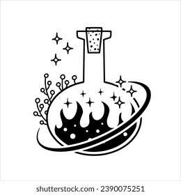 Botella mágica. Alquimia estotérica y veneno del elixir de vidrio. Beber de química misteriosa. Caricatura de fantasía mezcla mística mágica, elemento decorativo de época