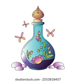 Magic bottle with flowers. Vector illustration.