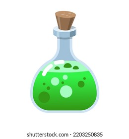 Magic bottle of glass. Alchemy life elixir in glass flask. Cork and green potion, cartoon vector. Witchcraft green potion of witch or poison