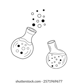 Magic Bottle, Glass flask bubbles inside and outside. Vector illustration Alchemical elixirs, potions, liquids different. Thema magic, medicine, alternative therapy.