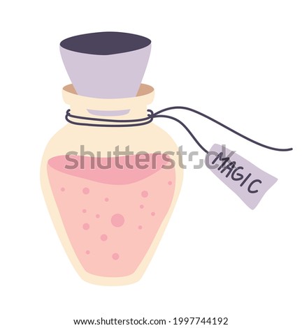 Magic Bottle. Glass flask. Magic potion. Bottle liquid potion magic elixir. Symbol for inviting love, greeting cards and print. Design for Halloween. Vector illustration isolated on a white background