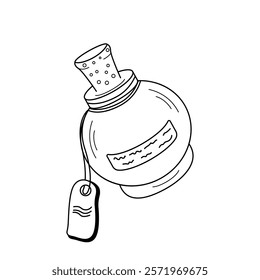 Magic Bottle, Glass flask with stoppers, label and bubbles. Vector illustration Alchemical elixirs, potions, liquids different. Thema magic, medicine, alternative therapy.