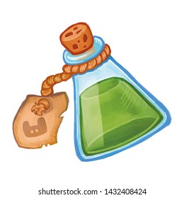 Magic bottle with green potion icon. Cartoon illustration witchcraft elixir