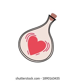 Magische Flasche mit Herz einzeln auf weißem Hintergrund. Gestaltungselemente für Valentinstag