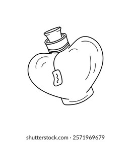 Magic Bottle heart shape, Glass flask with label and stoppers. Vector illustration Alchemical elixirs, potions, liquids different. Thema magic, medicine, alternative therapy.