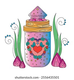 Magic bottle with a heart. Vector illustration.