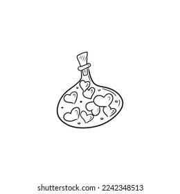 Magic bottle with hearts inside with a cork in black isolated on white background. Flask with love potion for st. Valentines day. Hand drawn vector sketch illustration in doodle line vintage engraved