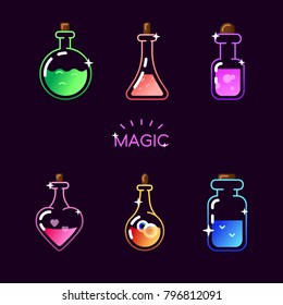 Magic bottle icon set. Vector magic colorful elixir potion bottles for web, mobile app, logo, infographics, game interface, GUI asset