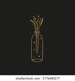 Magic bottle or jar with floral potion. Wildflowers bouquet. Tattoo style illustration. Gypsy, bohemian concept. Gold line art illustration on black background. Vector design.