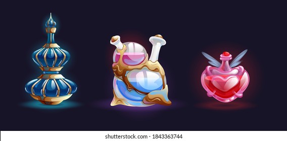 Magic bottle jars with potion. Isolated magic bottle jars with colorful liquids. Potion in glass bottles with poison, antidote, elixir. Fantasy chemical jars for game interface element cartoon vector