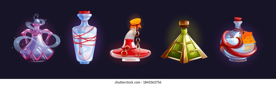 Magic bottle jars with potion. Isolated magic bottle jars with colorful liquids. Potion in glass bottles with poison, antidote, elixir. Fantasy chemical jars for game interface element cartoon vector