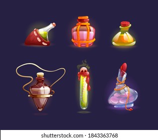 Jares mágicos con poción. Frascos de botellas mágicas aisladas con líquidos coloridos. Poción en frascos de vidrio con veneno, antídoto, elixir. Jarras químicas de fantasía para el vector de cartografía de elementos de interfaz de juego