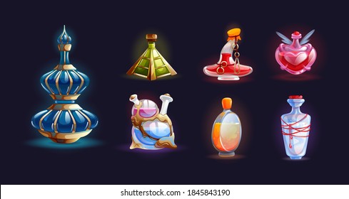 Magic bottle jars with potion. Isolated magic bottle jars with colorful liquids. Potion in glass bottles with poison, antidote, elixir. Fantasy chemical jars for game interface element cartoon vector