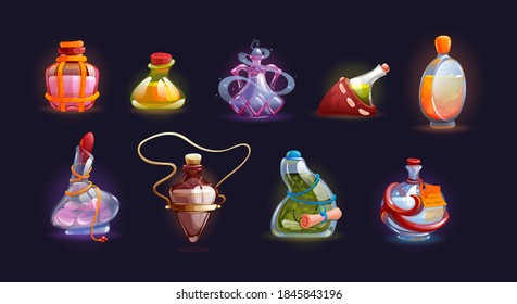 Magic bottle jars with potion. Isolated magic bottle jars with colorful liquids. Potion in glass bottles with poison, antidote, elixir. Fantasy chemical jars for game interface element cartoon vector