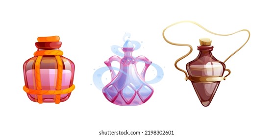 Magic bottle jars with potion. Isolated magic bottle jars with colorful liquids. Potion in glass bottles with poison, antidote, elixir. Fantasy chemical jars for game interface element cartoon vector