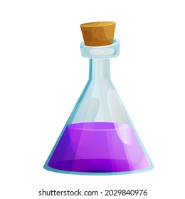 Magic Bottle with liquid potion elixir lab game icon in cartoon style isolated on white background. Glass jar, spooky wizard, alchemy asset