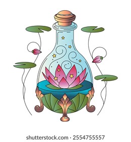 Magic bottle with lotus. Vector illustration.