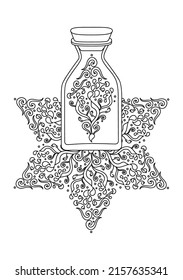 Magische Flasche und mystischer sechsspitziger Stern. Schwarz-Weiß-Vektorgrafik, handgezeichnet. Hexenkunst, Tinktur, ein Trank in einer Glasflasche.