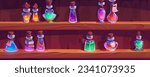 Magic bottle with potion on lab shelf game vector cartoon illustration. Medicine elixir glass flask for Halloween apothecary wooden interior. Rpg interface with chemistry cork jar inventory object