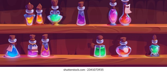 Magic bottle with potion on lab shelf game vector cartoon illustration. Medicine elixir glass flask for Halloween apothecary wooden interior. Rpg interface with chemistry cork jar inventory object