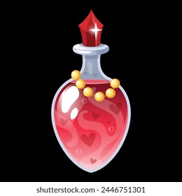 Botella mágica con poción. Vial de cristal líquido rojo, elixir del amor de la bruja, bebida afrodisíaca mágica del mago. Elemento aislado de la sustancia alquimista. Objeto de interfaz de juego. Química de brujería. Ilustración vectorial