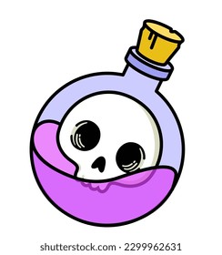 Magic bottle of purple Poison with skull. Game icon of magic elixir. Vector illustration isolated on white background