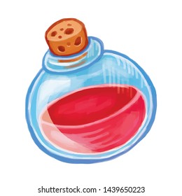 Magic bottle with red potion. Cartoon illustration of witchcraft elixir