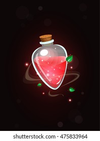 Magic bottle red shine. Game icon of magic elixir. Vector design for app user interface. 