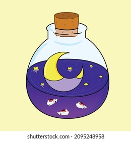 Magic bottle with sea, fish, sky, moon and stars inside