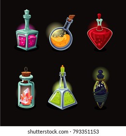 Magic bottle set. Game design vector icons set. Cartoon style.