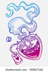 Magic bottle in the shape of heart. Vector illustration isolated. Tattoo design, magic symbol for your use.