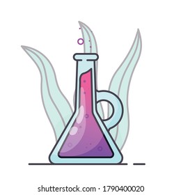 A magic bottle in the shape of a triangle with a high neck. Flask with a round handle and a gradient liquid inside. White background with plant leaves. Vector.