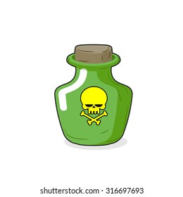 Magic Bottle with a skull. Medical container with a poisonous liquid. Glass reservoir with stopper. Cartoon Vector illustration. Poison  