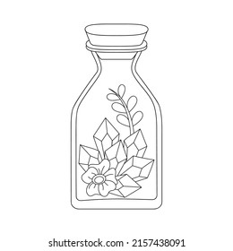 Magic bottle with a stopper with crystals and flowers. Doodles, hand-drawn illustrations for design, coloring, bags. Vector black and white poster.