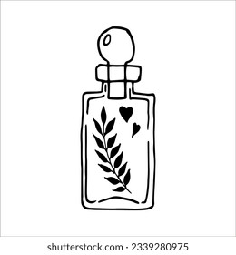 magic bottle with a twig and hearts, doodle, on a white background, vector illustration