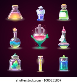 Magic bottle vector magical game potion in glass or liquid poison drink of alchemy or chemistry illustration set of magnificent elixir in phial isolated on background