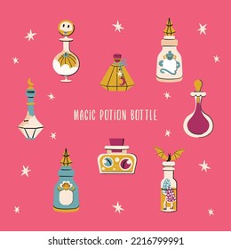 Magic bottle vial set. Witch's potion collection. Cartoon style vector flat illustration. Happy Halloween item